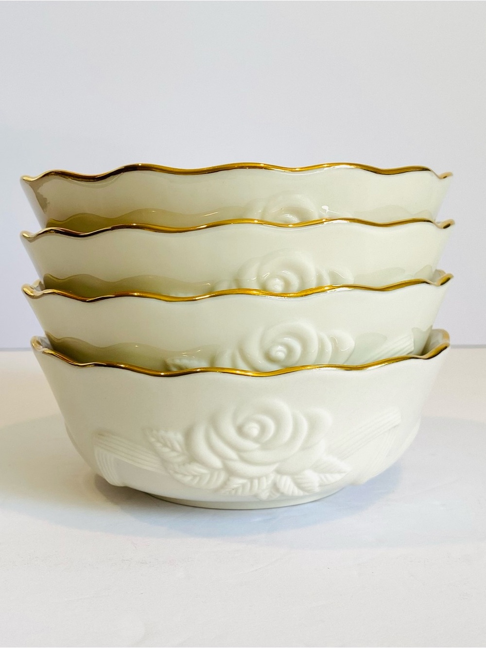 Vintage Lenox Rose Blossom Porcelain Bowls Scalloped 24K Gold Trim set of 4